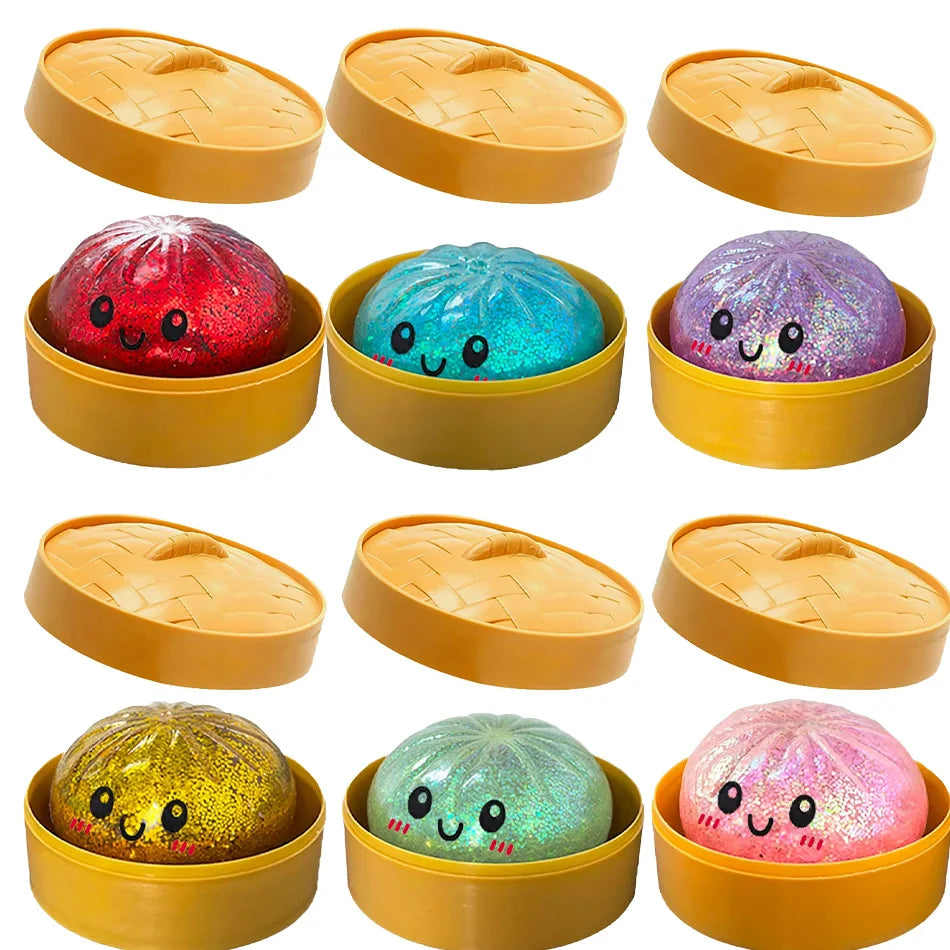 Nouveau lot de 1 à 12 pièces de jouets sensoriels anti-stress en forme de dumpling scintillant avec boîte