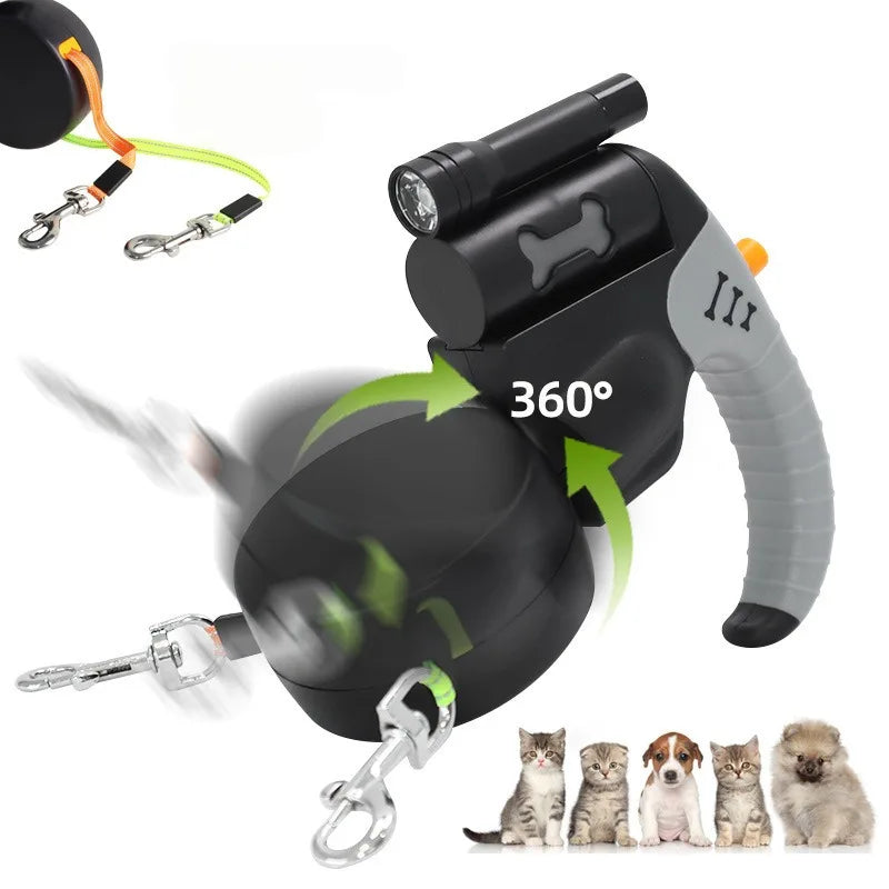 Laisse de chien rétractable automatique à double tête, corde de 3 m pour 2 chiens avec lampe torche LED, corde de traction double à 360 degrés, fournitures pour animaux de compagnie