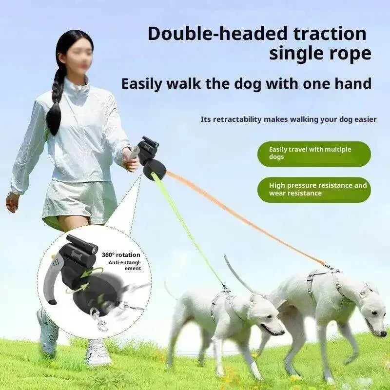 Laisse de chien rétractable automatique à double tête, corde de 3 m pour 2 chiens avec lampe torche LED, corde de traction double à 360 degrés, fournitures pour animaux de compagnie