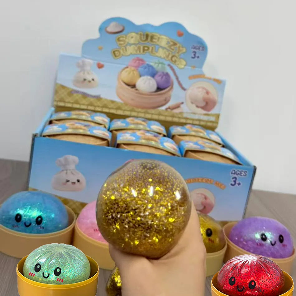 Nouveau lot de 1 à 12 pièces de jouets sensoriels anti-stress en forme de dumpling scintillant avec boîte