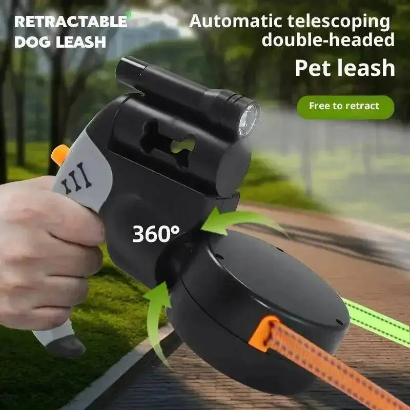 Laisse de chien rétractable automatique à double tête, corde de 3 m pour 2 chiens avec lampe torche LED, corde de traction double à 360 degrés, fournitures pour animaux de compagnie