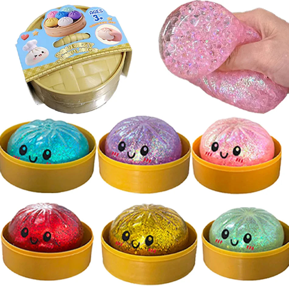 Nouveau lot de 1 à 12 pièces de jouets sensoriels anti-stress en forme de dumpling scintillant avec boîte