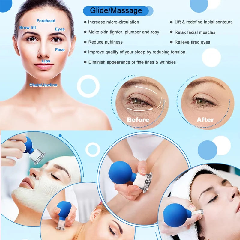Ensemble de ventouses en caoutchouc, masseur de visage sous vide, Lifting de la peau, tasses Anti-Cellulite, ventouses Anti-rides, outil de thérapie en verre