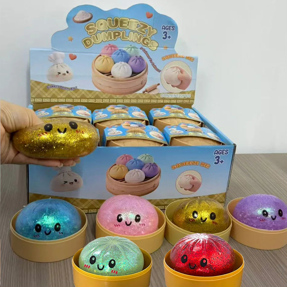 Nouveau lot de 1 à 12 pièces de jouets sensoriels anti-stress en forme de dumpling scintillant avec boîte