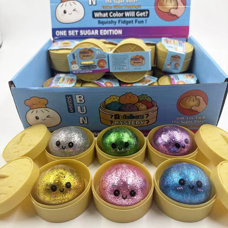 Dumpling Squishy Scintillant ULTRA RARE Édition Dorée à Paillettes Cachées, Balle Sensorielle en Pâte TPR Souple pour Soulagement du Stress