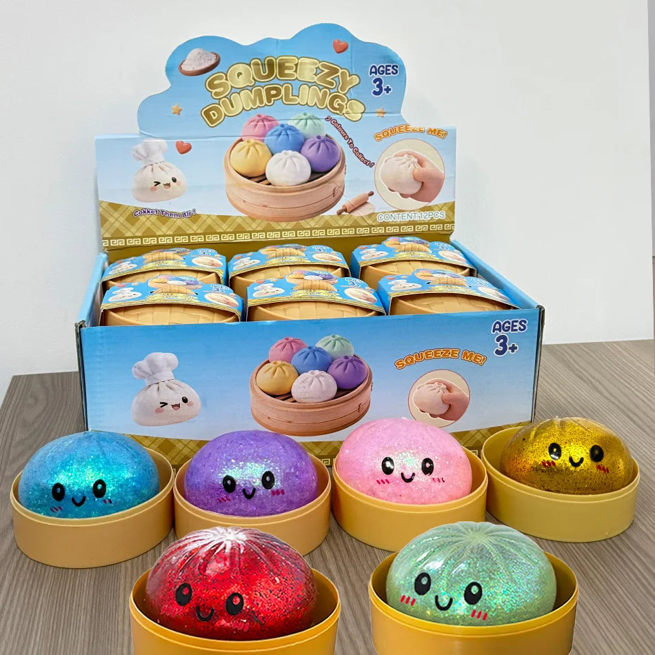 Nouveau lot de 1 à 12 pièces de jouets sensoriels anti-stress en forme de dumpling scintillant avec boîte