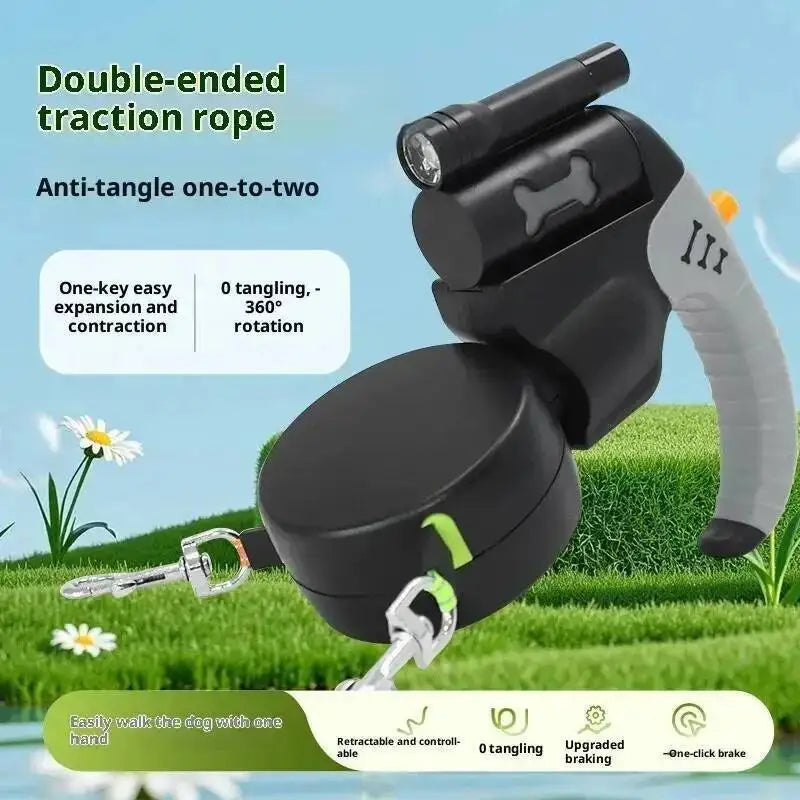 Laisse de chien rétractable automatique à double tête, corde de 3 m pour 2 chiens avec lampe torche LED, corde de traction double à 360 degrés, fournitures pour animaux de compagnie