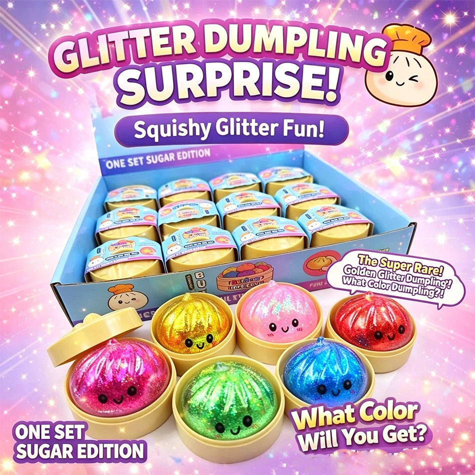 Dumpling Squishy Scintillant ULTRA RARE Édition Dorée à Paillettes Cachées, Balle Sensorielle en Pâte TPR Souple pour Soulagement du Stress